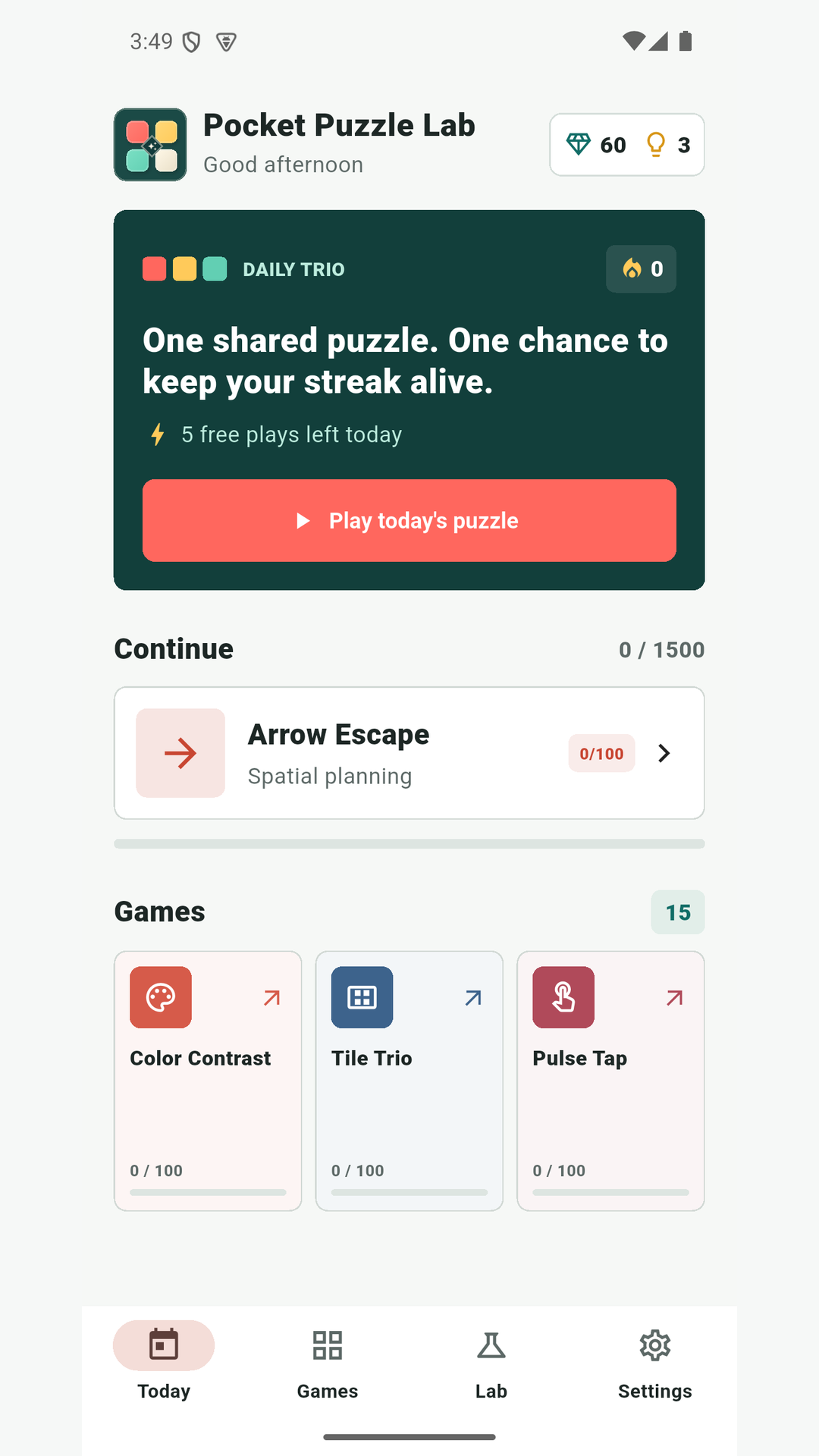 Puzzle Lab home screen